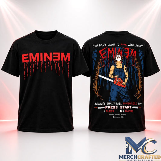 Eminem Slim Shady Chainsaw Jason Mask Halloween Graphic T Shirt Black Tee
