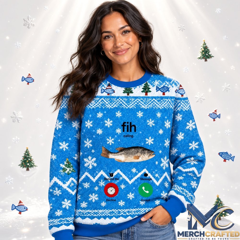 Fih Incoming Call Meme Christmas Ugly Sweater Blue Knit