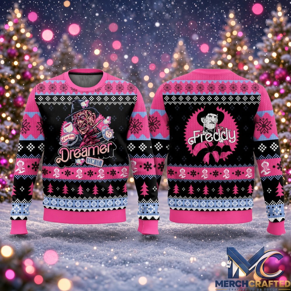 Freddy Krueger Elm Street Pink Ugly Christmas Sweater  Dreamer Graphic Sweater for Horror and Christmas Fans