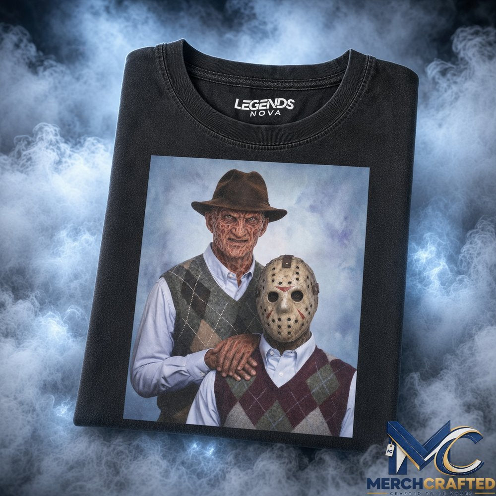 Freddy Krueger x Jason Best Friends Portrait T-Shirt  Funny Horror Graphic Tee for Halloween Fans