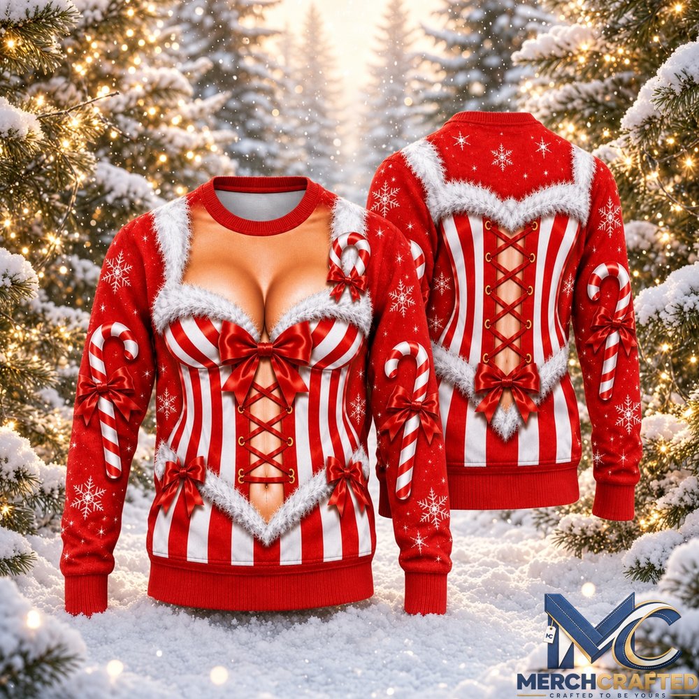 Funny Candy Cane Corset Cleavage Ugly Christmas Sweater  Red White Bow Graphic Sweater for Christmas Parties
