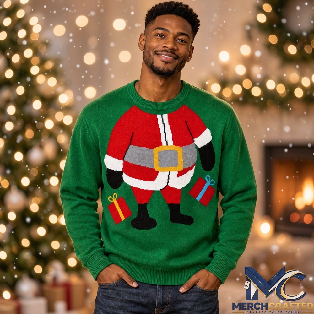 Funny Fat Santa Ugly Christmas Sweater 2026 Green Knit Jumper Gift Boxes Holiday Shirt