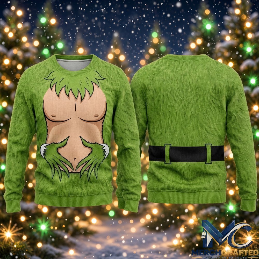 Funny Grinch Chest 2026 Ugly Christmas Sweater  Green Fur Graphic Sweater for Christmas and Grinch Fans