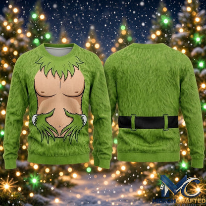 Funny Grinch Chest 2026 Ugly Christmas Sweater  Green Fur Graphic Sweater for Christmas and Grinch Fans