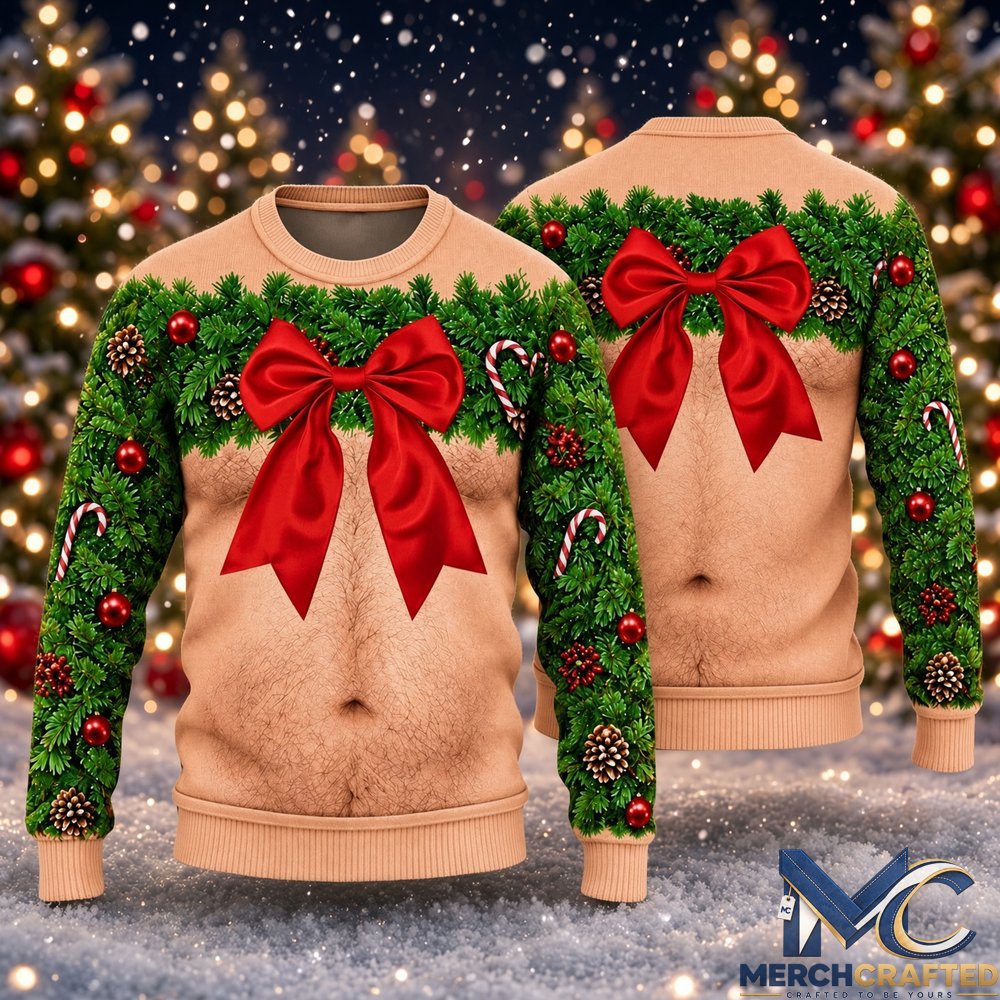 Funny Hairy Chest Wreath and Red Bow Ugly Christmas Sweater  Graphic Christmas Sweater for Holiday Parties