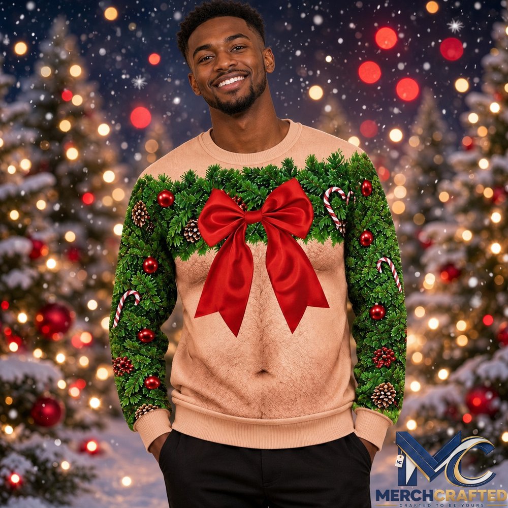 Funny Hairy Chest Wreath and Red Bow Ugly Christmas Sweater  Graphic Christmas Sweater for Holiday Parties