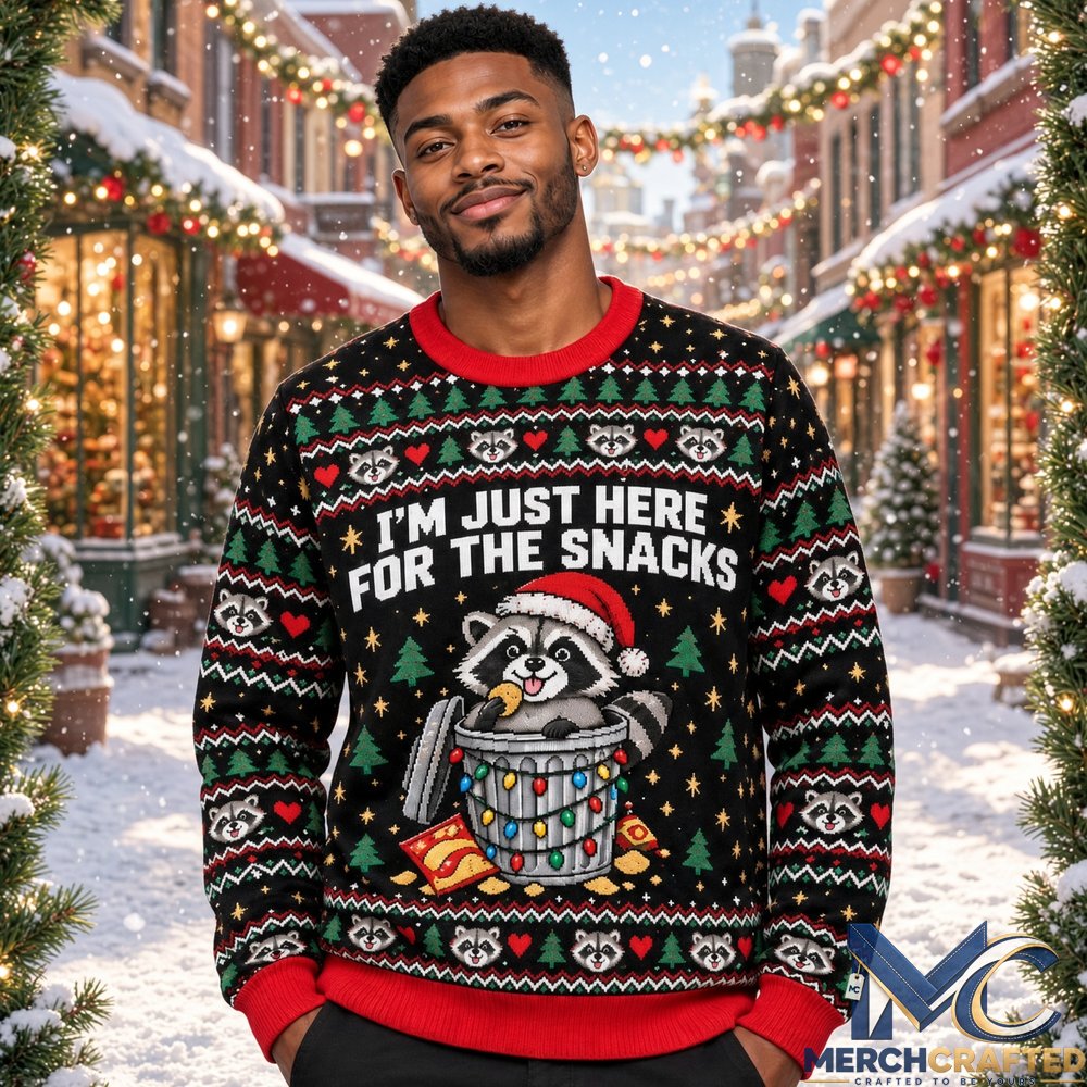 Funny Raccoon Ugly Christmas Sweater I’m Just Here For The Snacks Holiday Knit Pullover Unisex