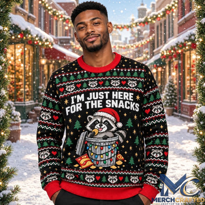 Funny Raccoon Ugly Christmas Sweater I’m Just Here For The Snacks Holiday Knit Pullover Unisex
