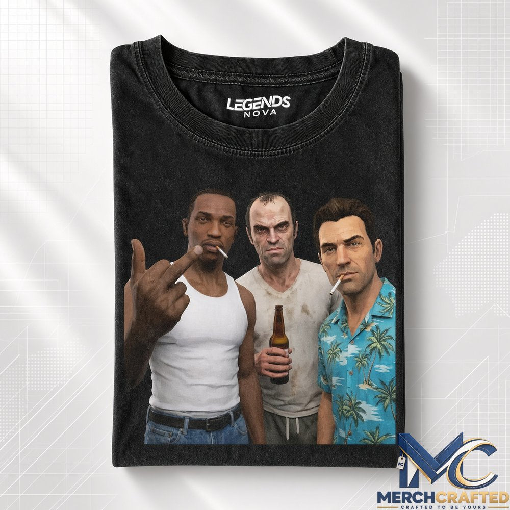 GTA San Andreas CJ Trevor Philips Tommy Vercetti Smoking Middle Finger Legends T Shirt Black Graphic Tee