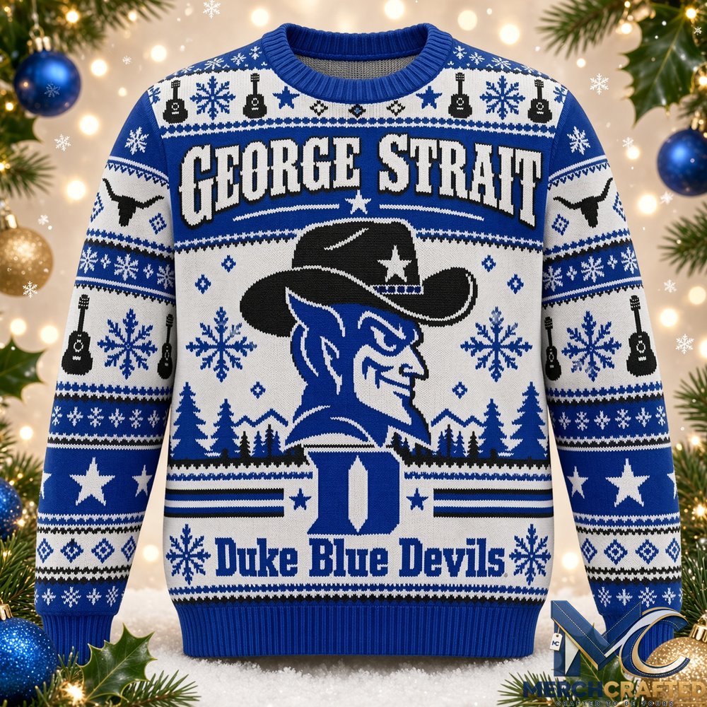 George Strait Duke Blue Devils Ugly Christmas Sweater Football Holiday Knit Pullover Unisex