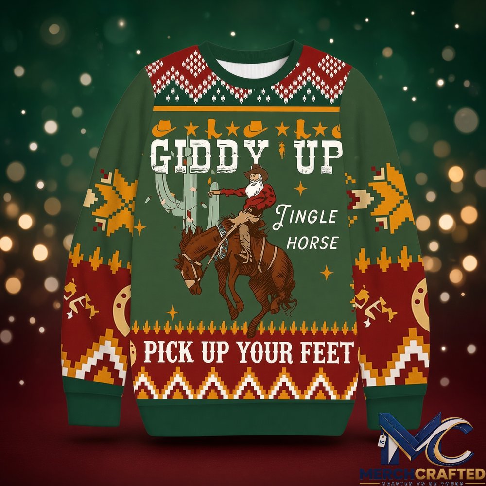Giddy Up Jingle Horse Ugly Christmas Sweater Cowboy Santa Knit Jumper Pick Up Your Feet Holiday Gift