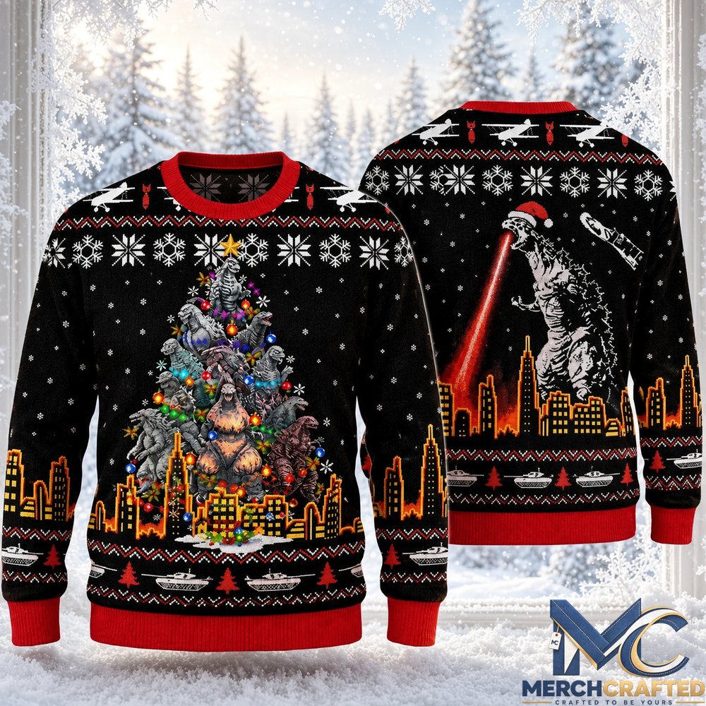 Godzilla Christmas 2026 Ugly Sweater  Kaiju Christmas Tree Holiday Knit for Monster Fans