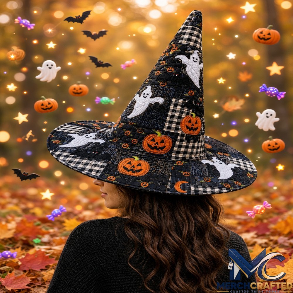 Halloween 2026 Ghost Pumpkin Plaid Quilted Witch Hat Black Costume Hat