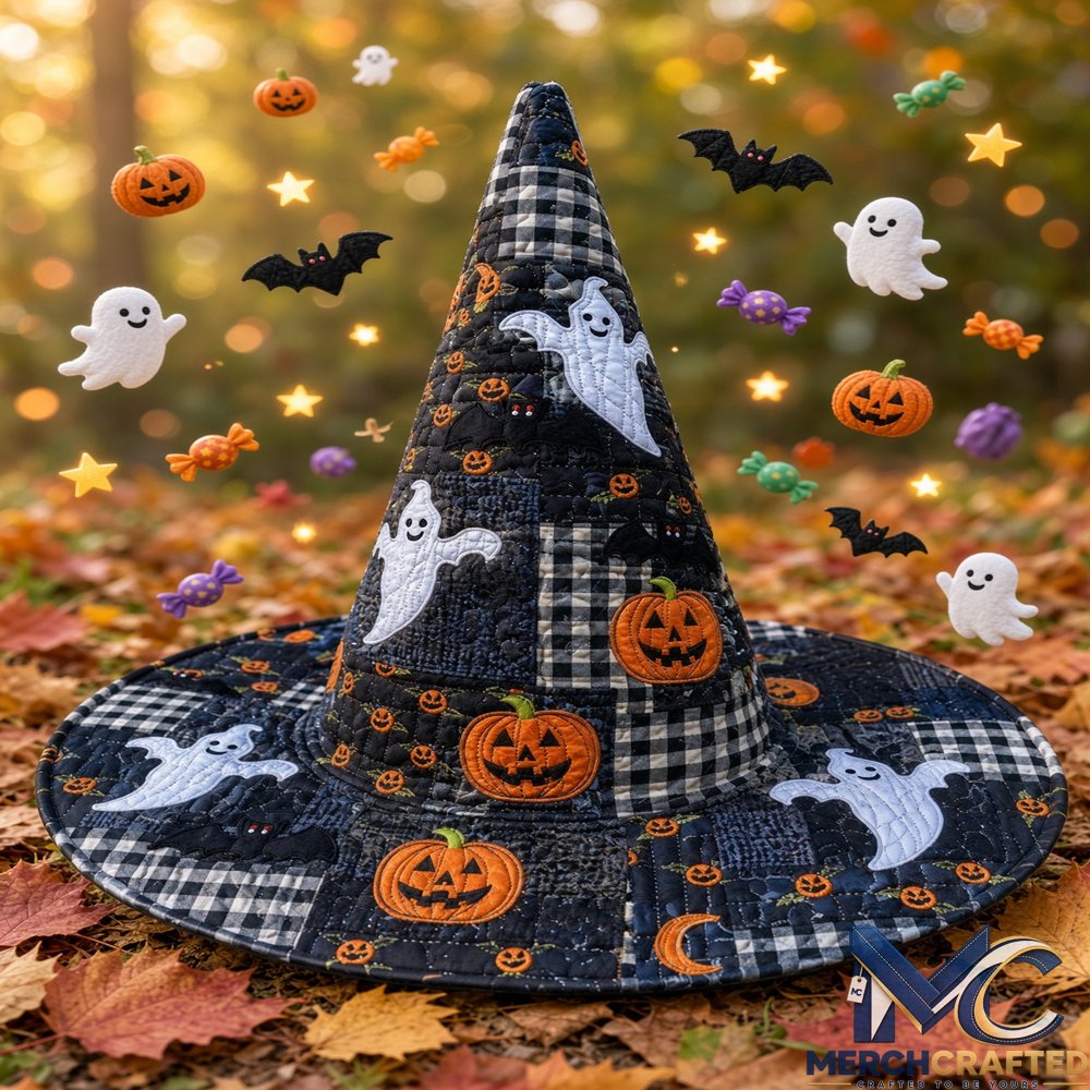 Halloween 2026 Ghost Pumpkin Plaid Quilted Witch Hat Black Costume Hat