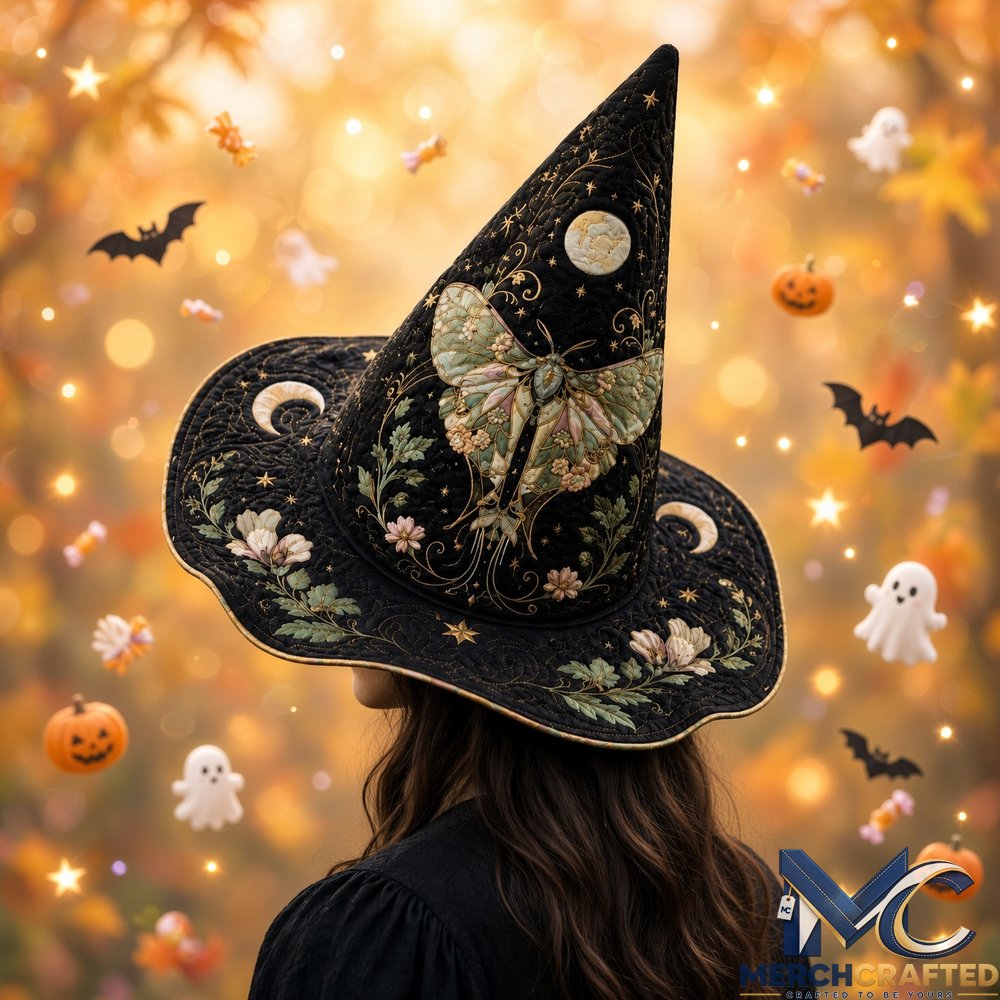 Halloween Moth Fairy Gothic Limited Edition Quilted Witch Hat Black Costume Hat