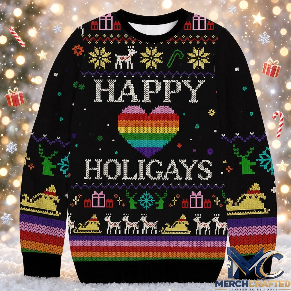 Happy Holigays Christmas Ugly Sweater Rainbow Heart Holiday Knit Pullover