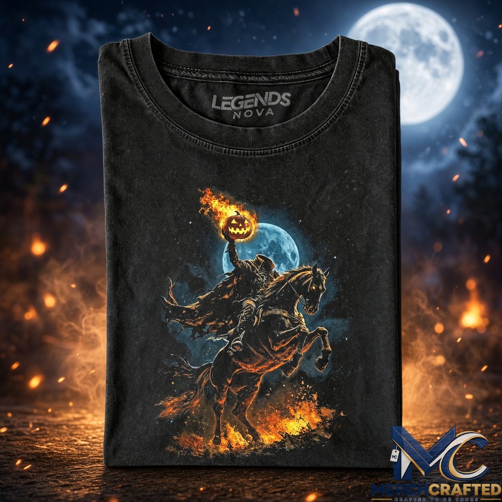 Headless Horseman Flaming Pumpkin Ride Tee  Halloween Horror Graphic Shirt for Halloween Fans