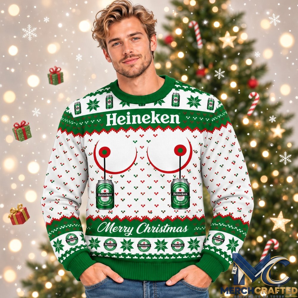 Heineken Merry Christmas 2026 Ugly Sweater Front and Back Green White Holiday Knit Pullover