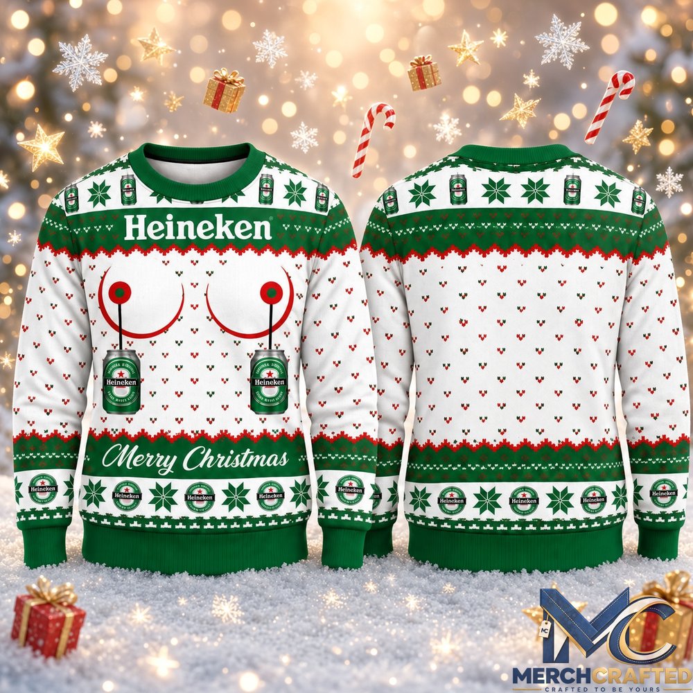 Heineken Merry Christmas 2026 Ugly Sweater Front and Back Green White Holiday Knit Pullover