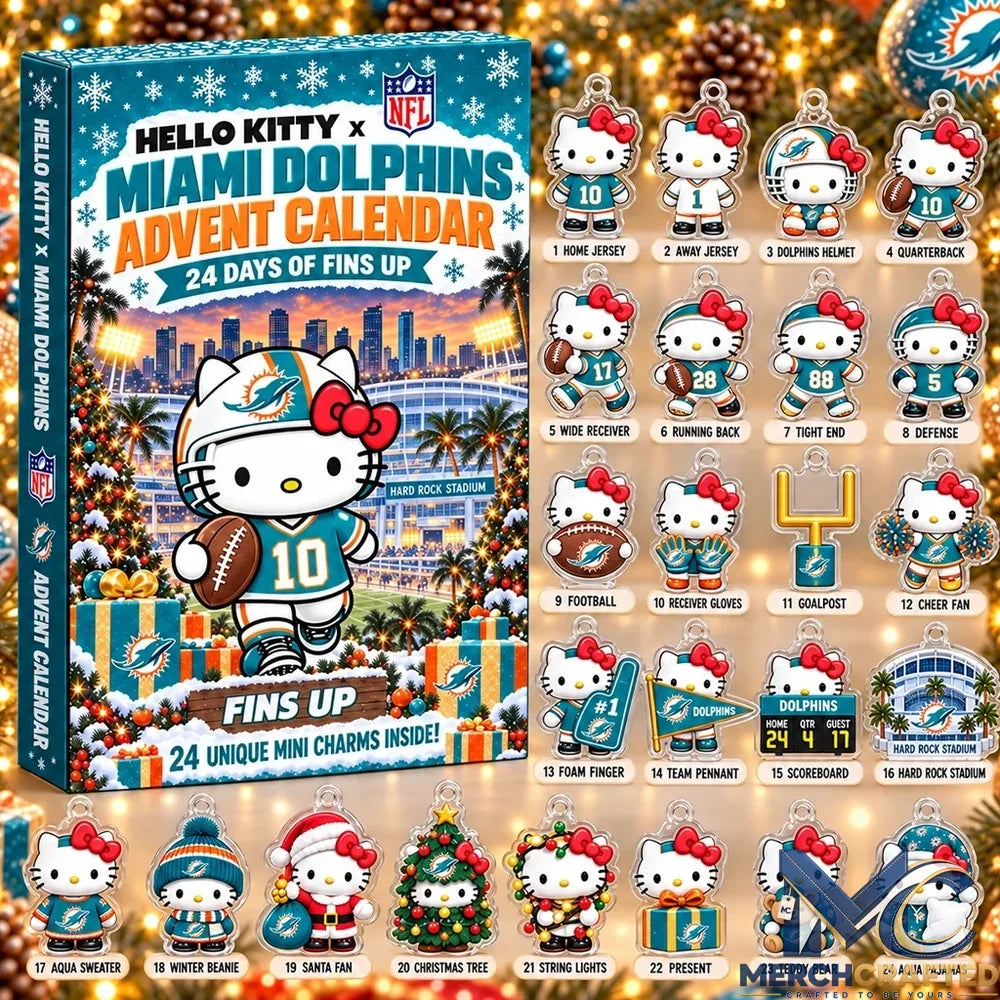 Hello Kitty Miami Dolphins Advent Calendar 2026 24 Day Christmas Countdown Acrylic Charms Collectible Gift for NFL Fans