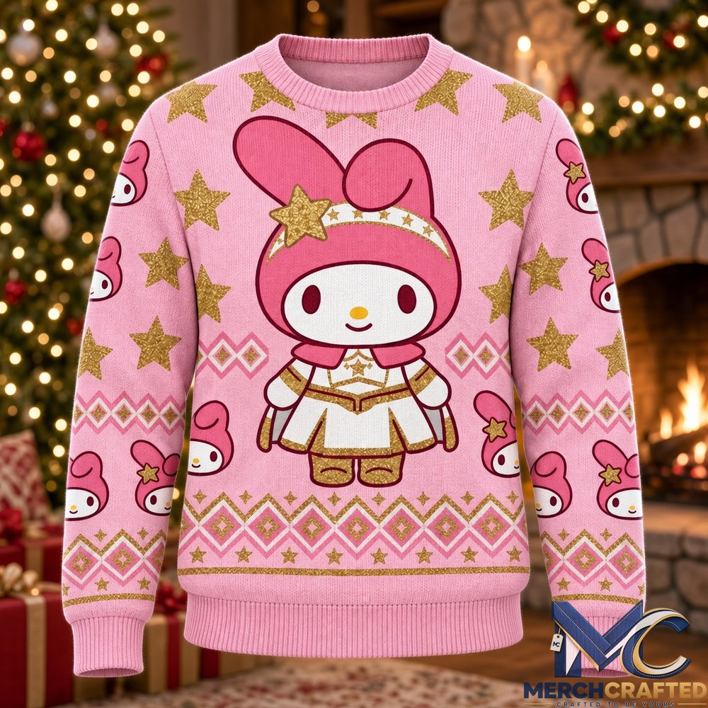 Hello Kitty x The Boys Funny Pink Pattern Ugly Christmas Sweater  My Melody Starlight Holiday Knit for Fans
