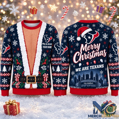 Houston Texans Merry Christmas 2026 Custom Name Ugly Sweater Mens Navy Holiday Knit Pullover