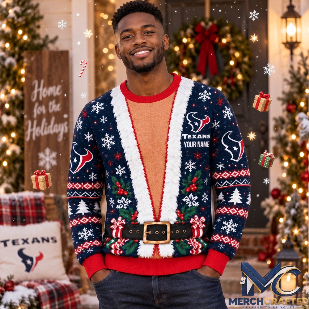 Houston Texans Merry Christmas 2026 Custom Name Ugly Sweater Mens Navy Holiday Knit Pullover