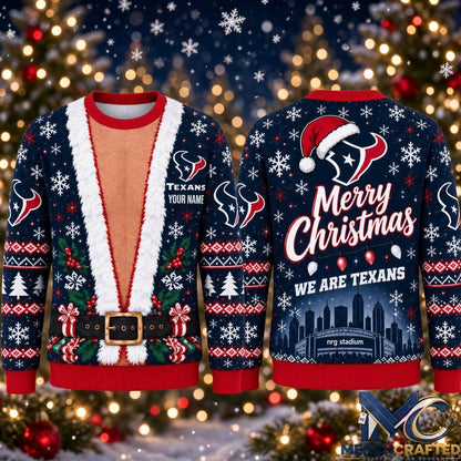 Houston Texans Merry Christmas We Are Texas 2026 Ugly Sweater  Custom Name Football Christmas Graphic Sweater for Texans Fans