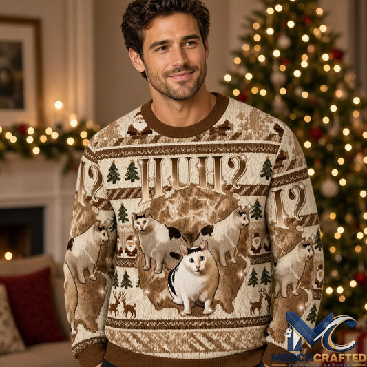 Huh Cat Christmas Ugly Sweater – Funny Chonky Confused Cat Knit Holiday Pullover