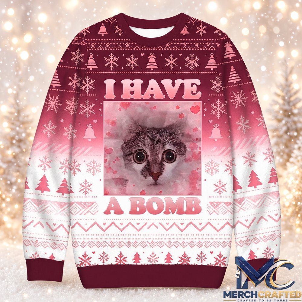 I Have a Bomb Funny Cat Meme Ugly Christmas Sweater, Dank Cat Holiday Knit Pullover, Men's Women's Unisex Christmas Sweatshirt