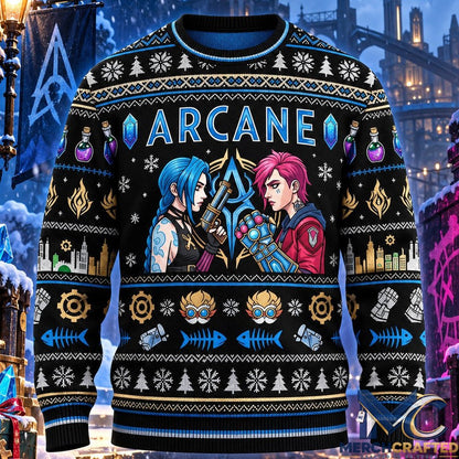 Jinx and Vi League Of Legends 2026 Christmas Arcane Ugly Sweater
