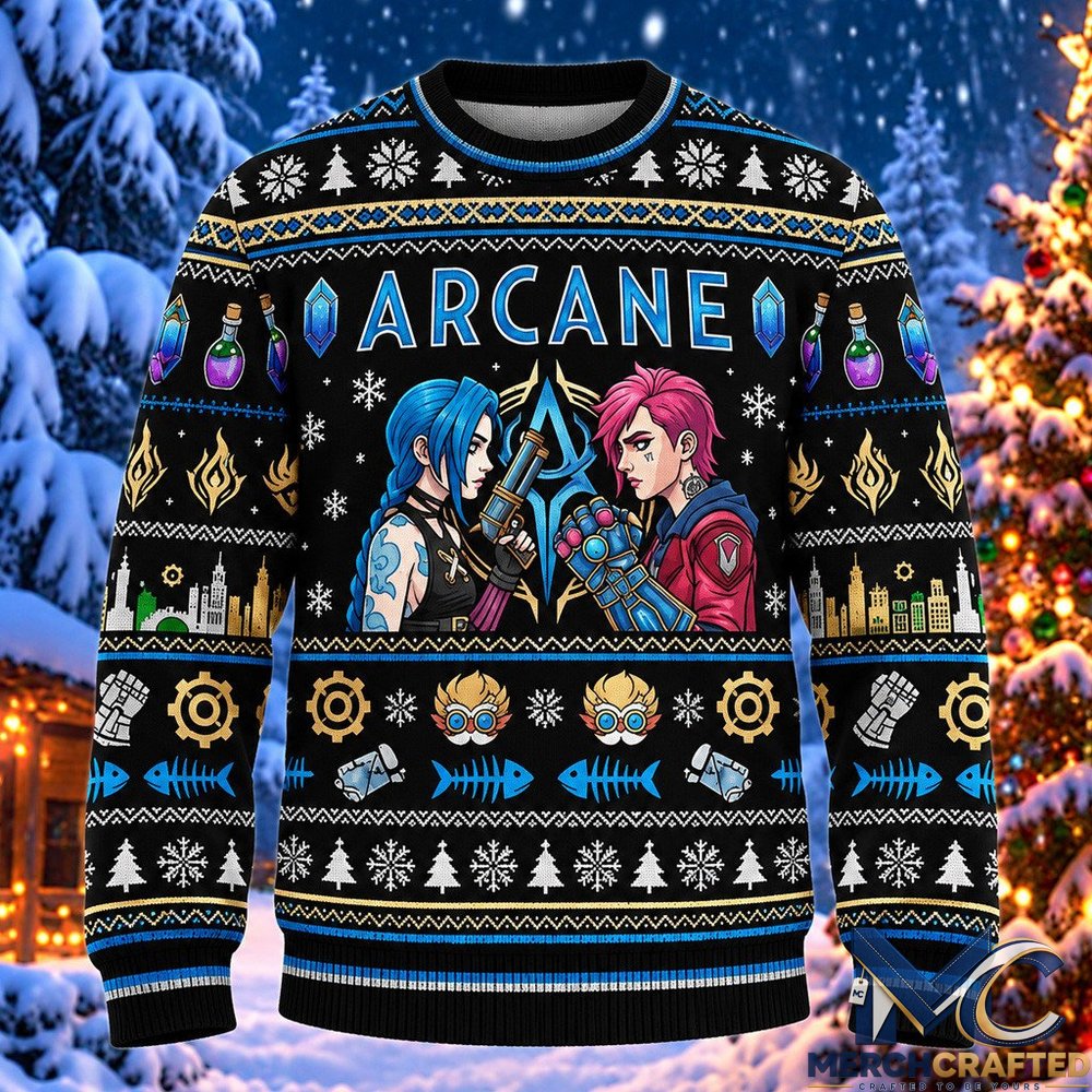 Jinx and Vi League Of Legends 2026 Christmas Arcane Ugly Sweater