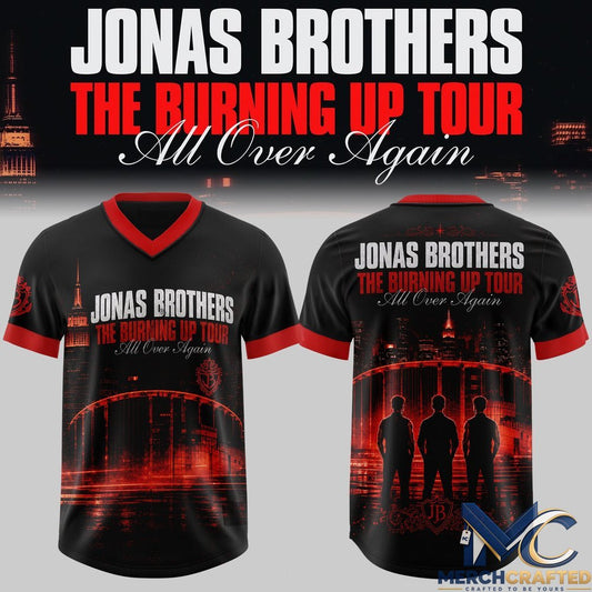 Jonas Brothers Stadium Skyline Football Jersey – Red Contrast V-Neck Design