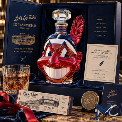 Lets Go Tribe 125th Anniversary Chief Wahoo Whiskey Decanter