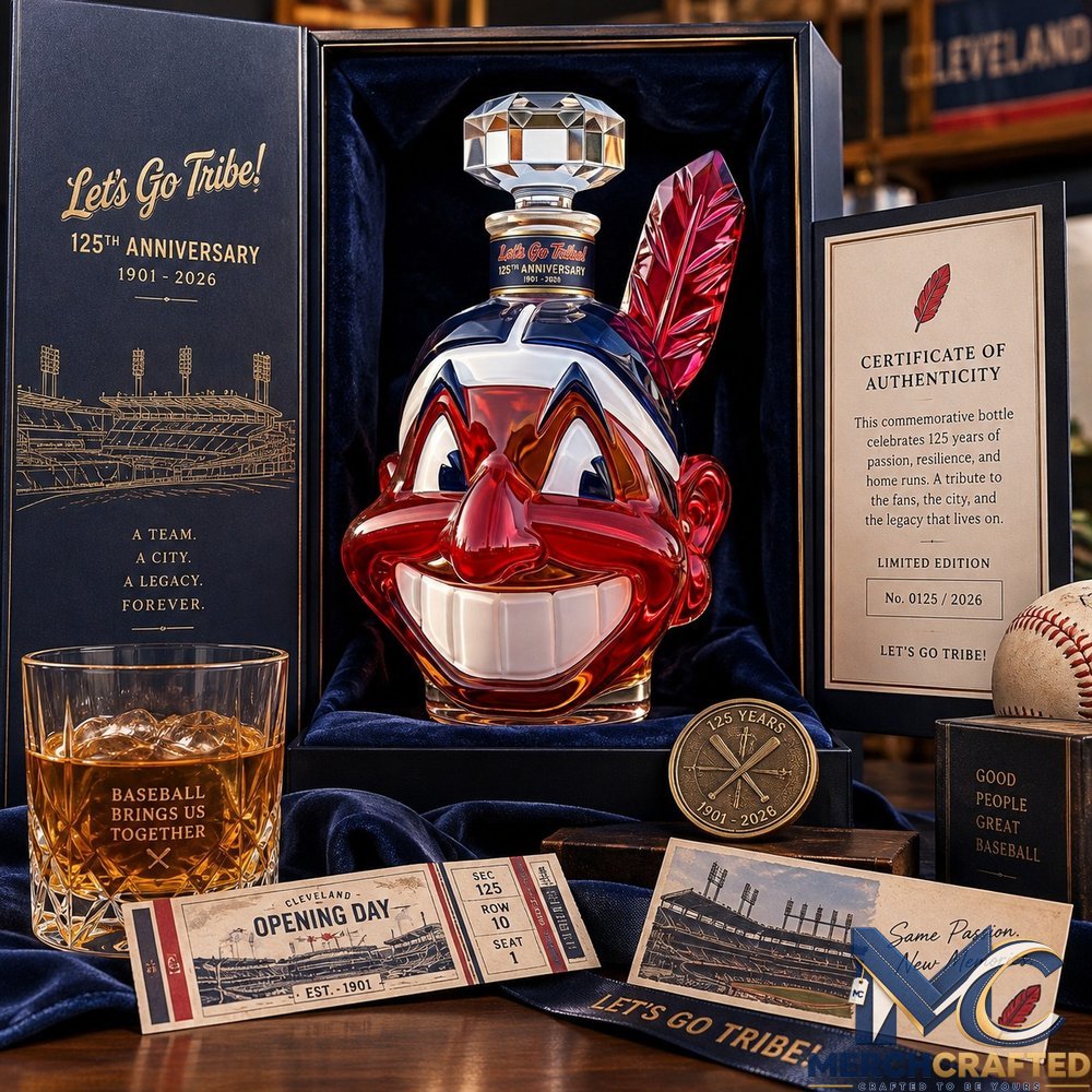 Lets Go Tribe 125th Anniversary Chief Wahoo Whiskey Decanter