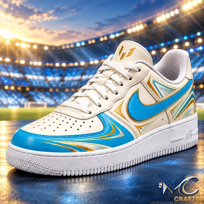 Lionel Messi GOAT Cream Blue Gold Nike Air Force 1 Sneakers