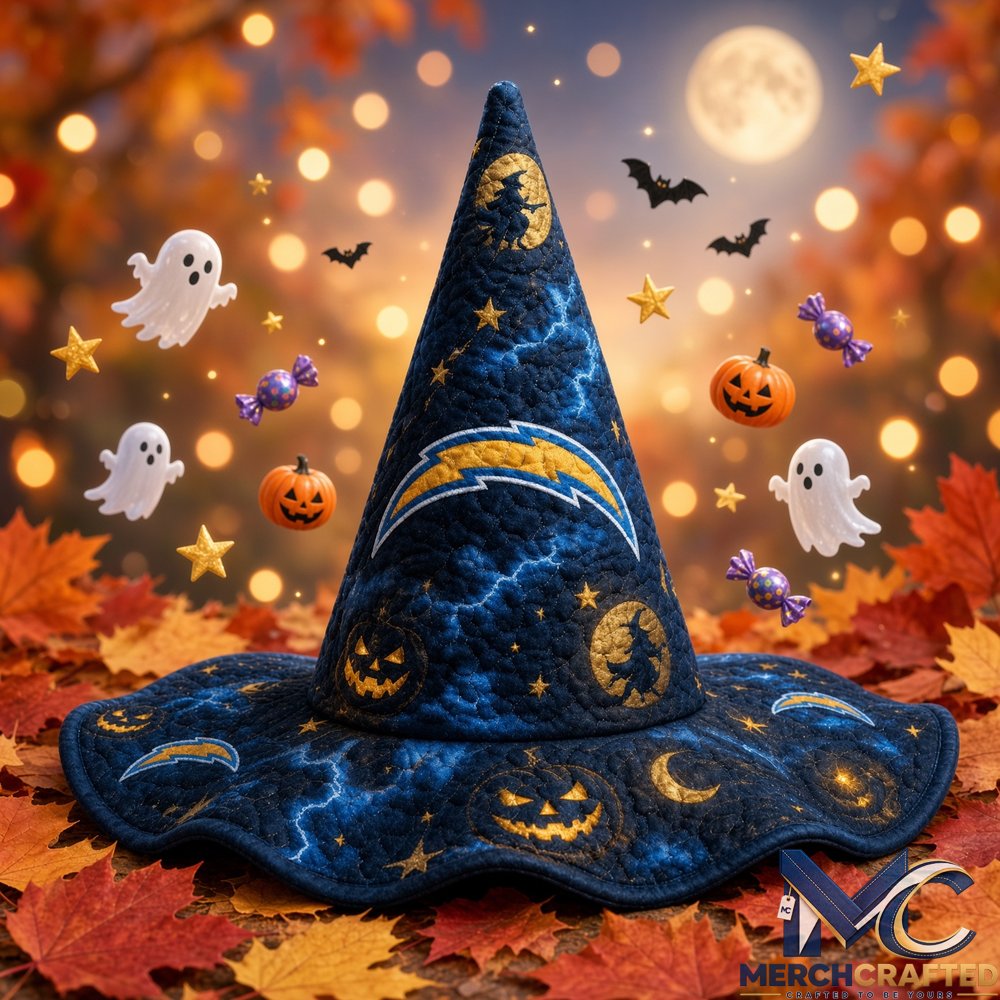 Los Angeles Chargers Football Halloween 2026 Moon Pumpkin Quilted Witch Hat Navy Costume Hat