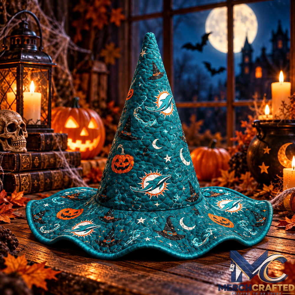 Miami Dolphins Halloween Witch Hat Quilted Pumpkin Moon Football Fan Costume Accessory