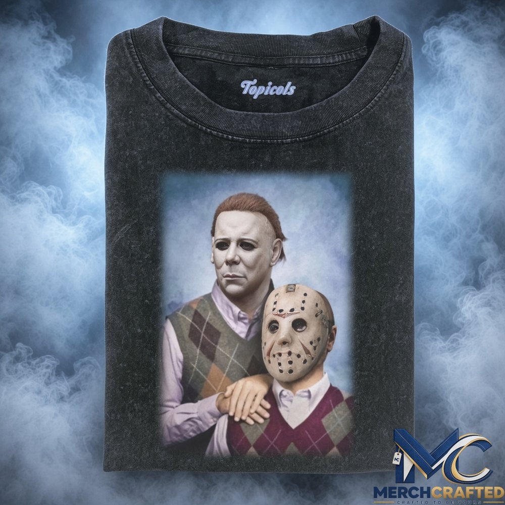 Michael Myers x Jason Best Friends Portrait Tee  Funny Horror Graphic Shirt for Halloween Fans
