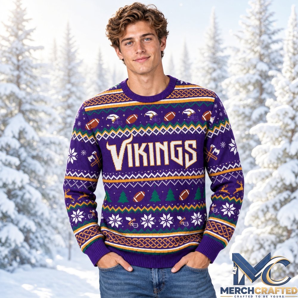 Minnesota Vikings Skol Runes Ugly Christmas Sweater 2026  Purple Gold Holiday Knit for Football Fans