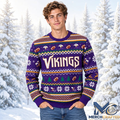 Minnesota Vikings Skol Runes Ugly Christmas Sweater 2026  Purple Gold Holiday Knit for Football Fans