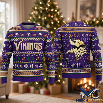 Minnesota Vikings Skol Runes Ugly Christmas Sweater 2026  Purple Gold Holiday Knit for Football Fans