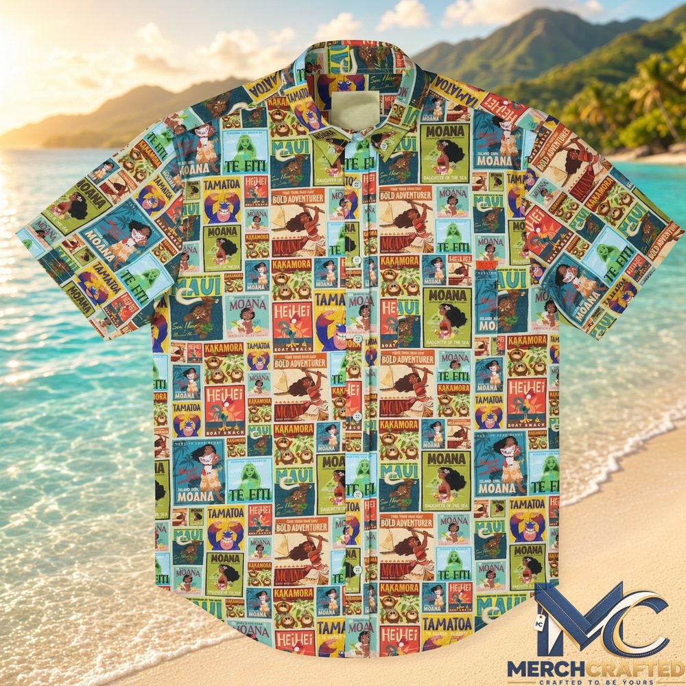 Moana The Ocean Is Calling Hawaiian Shirt  Vintage Poster Print Button-Up for Beach Adventure Fans
