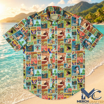 Moana The Ocean Is Calling Hawaiian Shirt  Vintage Poster Print Button-Up for Beach Adventure Fans