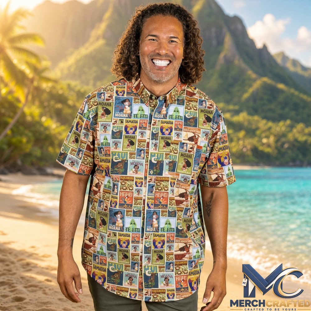 Moana The Ocean Is Calling Hawaiian Shirt  Vintage Poster Print Button-Up for Beach Adventure Fans