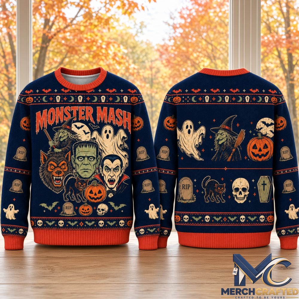 Monster Mash Halloween 2026 Spooky Ugly Sweater  Frankenstein Vampire Wolf Knit for Halloween Fans