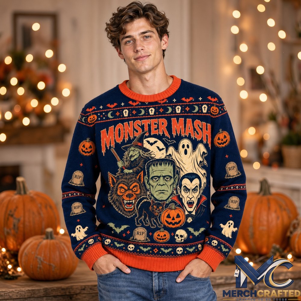 Monster Mash Halloween 2026 Spooky Ugly Sweater  Frankenstein Vampire Wolf Knit for Halloween Fans