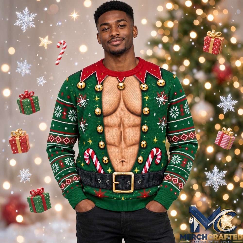 Muscular Chest Elf Funny Ugly Christmas Sweater Mens Green Holiday Knit Pullover