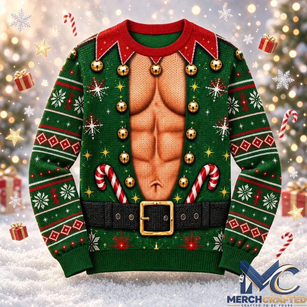 Muscular Chest Elf Funny Ugly Christmas Sweater Mens Green Holiday Knit Pullover