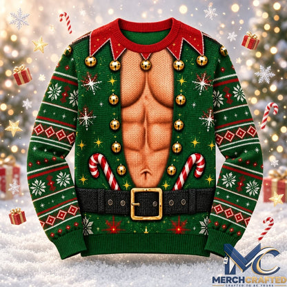 Muscular Chest Elf Funny Ugly Christmas Sweater Mens Green Holiday Knit Pullover